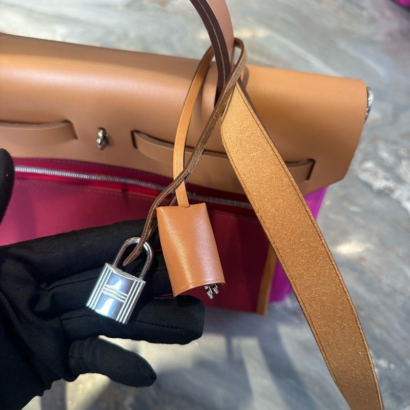 Hermes/愛馬仕 herbag31 火龍果拼紅棕銀扣 肩背包手提包-8