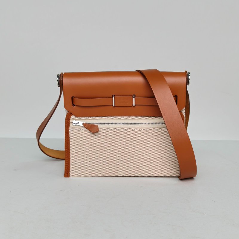 HERMES HerbagZip20帆布拼牛皮14米色拼34黃褐色帆布/Hunter牛皮K2025銀扣肩背包-2