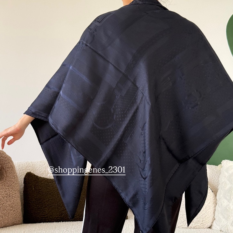 愛馬仕 Hermes 全新品 全真絲 140大方巾 披肩 海軍藍-5