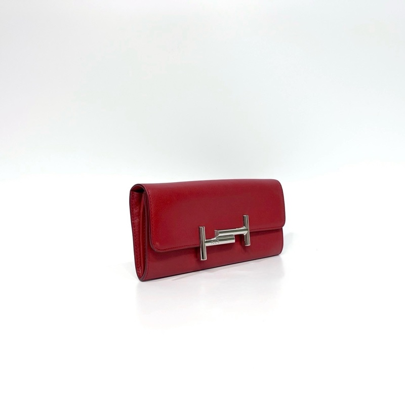 TODS紅色小牛皮銀釦小logo長夾-1