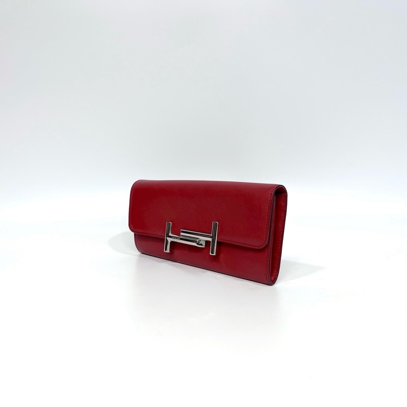 TODS紅色小牛皮銀釦小logo長夾-2