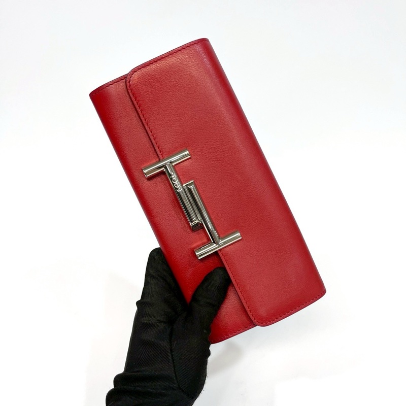 TODS紅色小牛皮銀釦小logo長夾-4