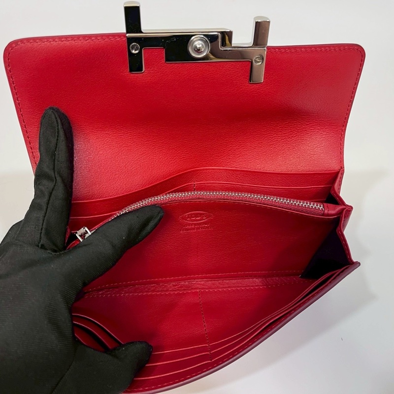 TODS紅色小牛皮銀釦小logo長夾-9