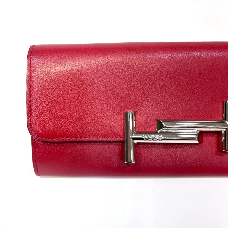 TODS紅色小牛皮銀釦小logo長夾-10