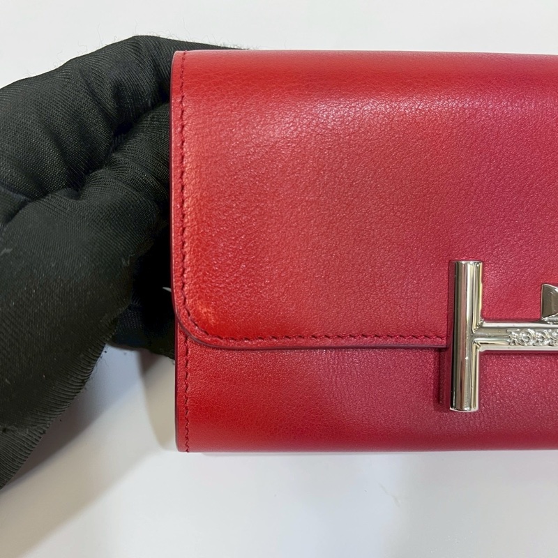 TODS紅色小牛皮銀釦小logo長夾-11