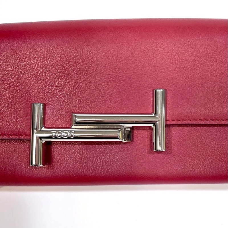 TODS紅色小牛皮銀釦小logo長夾-18