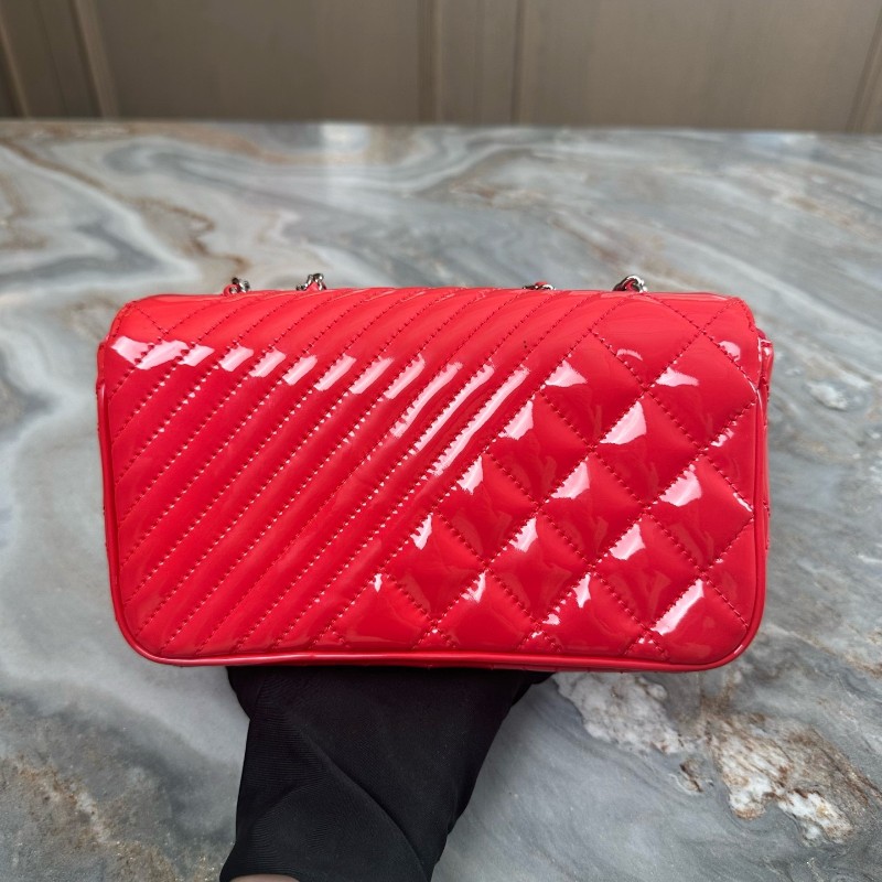 Chanel/香奈兒 珊瑚粉漆皮銀扣斜紋CF 大mini  肩背包斜背包-1