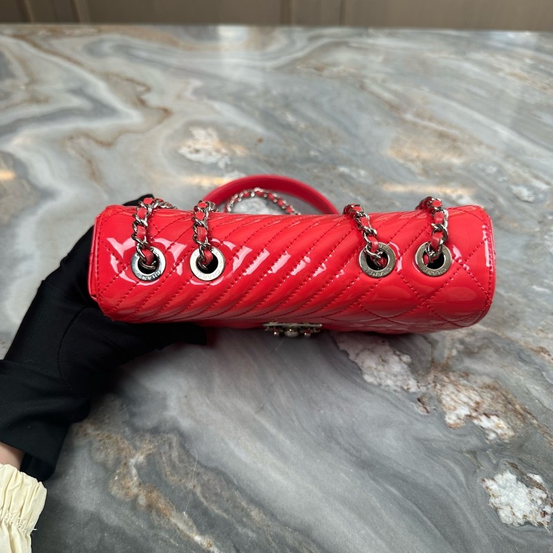 Chanel/香奈兒 珊瑚粉漆皮銀扣斜紋CF 大mini  肩背包斜背包-2