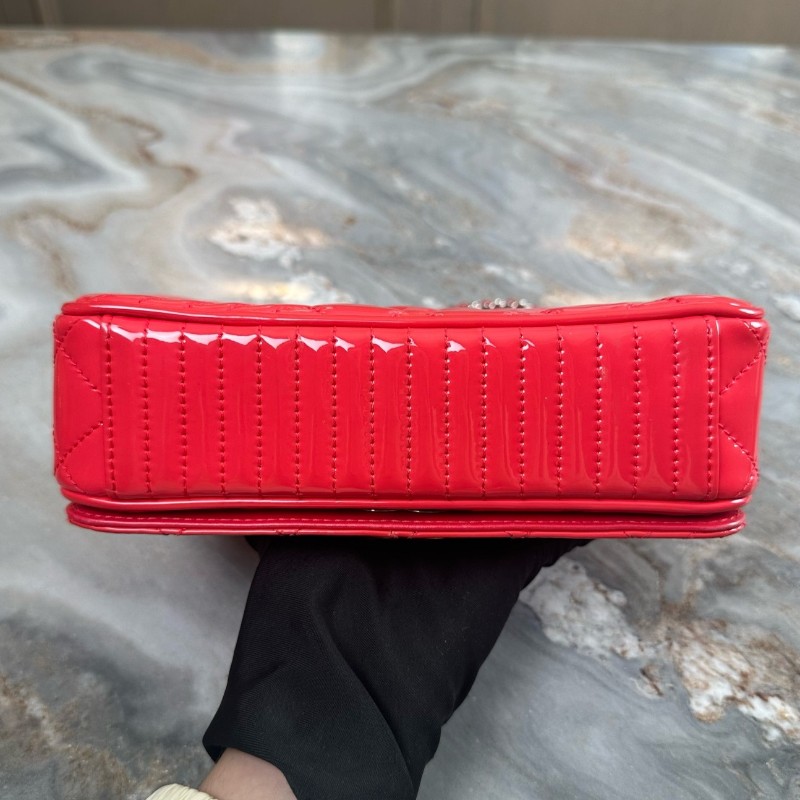 Chanel/香奈兒 珊瑚粉漆皮銀扣斜紋CF 大mini  肩背包斜背包-5