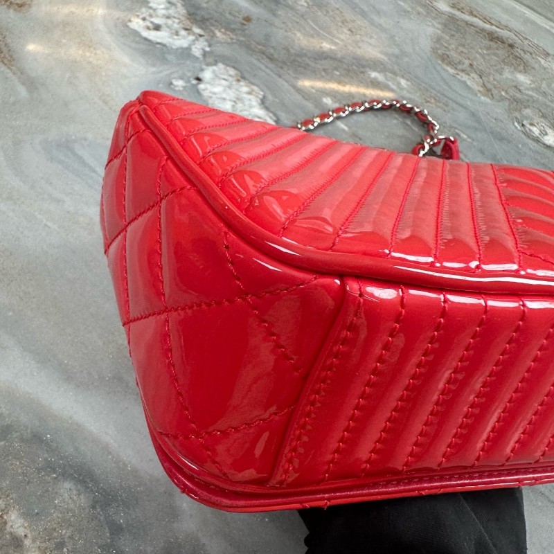 Chanel/香奈兒 珊瑚粉漆皮銀扣斜紋CF 大mini  肩背包斜背包-6