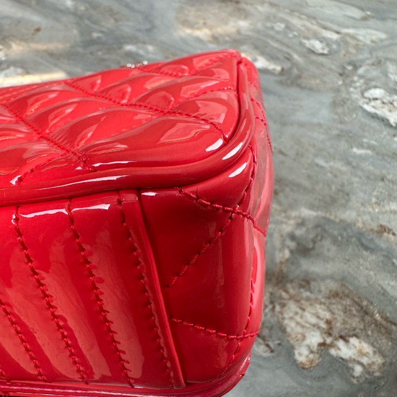 Chanel/香奈兒 珊瑚粉漆皮銀扣斜紋CF 大mini  肩背包斜背包-7