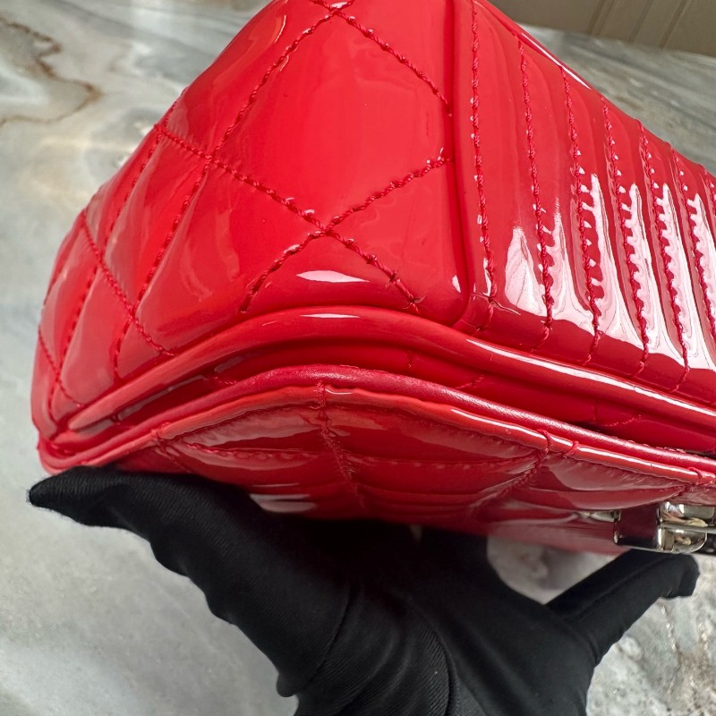 Chanel/香奈兒 珊瑚粉漆皮銀扣斜紋CF 大mini  肩背包斜背包-8