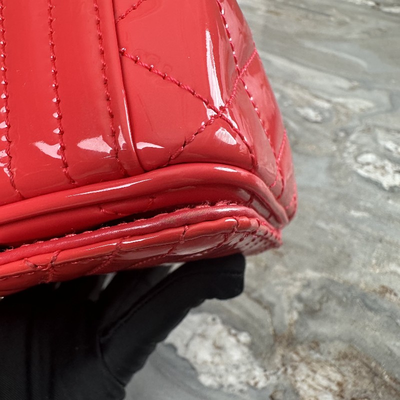 Chanel/香奈兒 珊瑚粉漆皮銀扣斜紋CF 大mini  肩背包斜背包-9