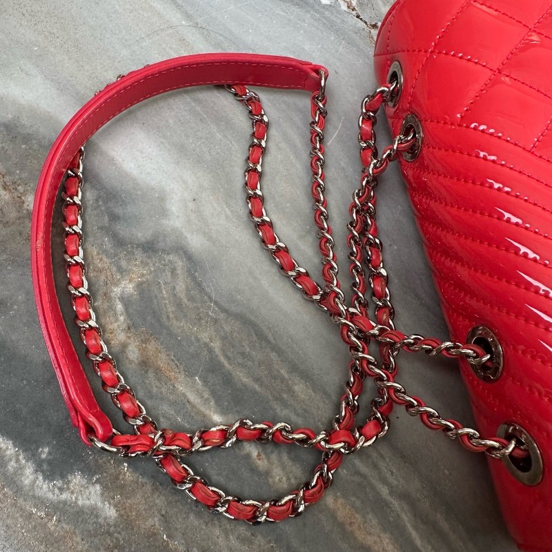 Chanel/香奈兒 珊瑚粉漆皮銀扣斜紋CF 大mini  肩背包斜背包-11