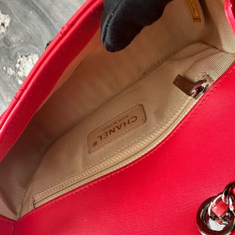 Chanel/香奈兒 珊瑚粉漆皮銀扣斜紋CF 大mini  肩背包斜背包-13
