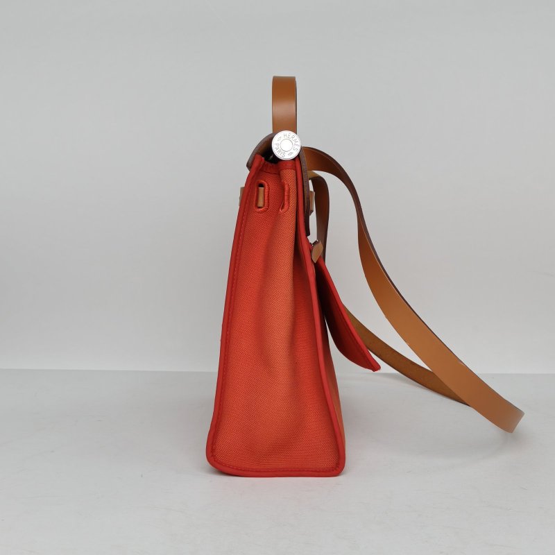 HERMES Herbag31S5番茄紅拼37金棕色帆布/Hunter牛皮A刻銀扣肩背包-1