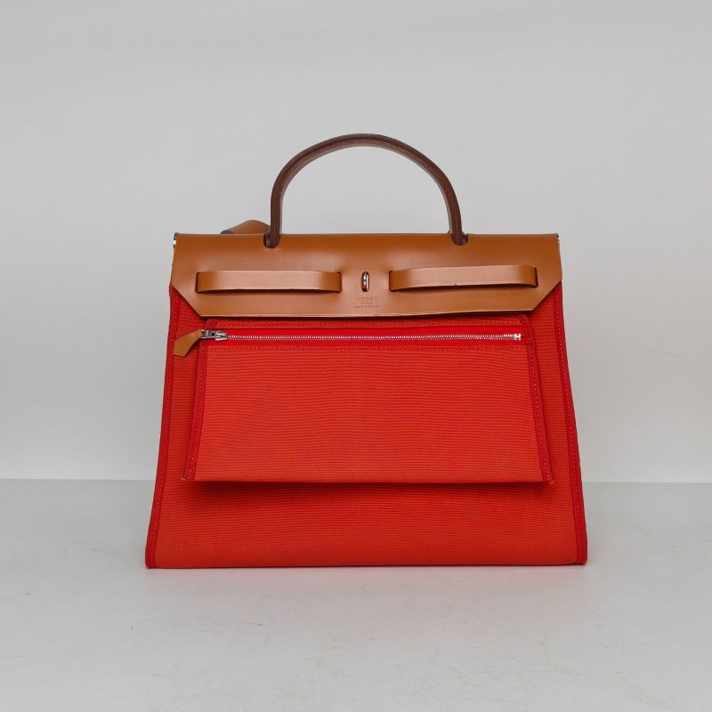 HERMES Herbag31S5番茄紅拼37金棕色帆布/Hunter牛皮A刻銀扣肩背包-2