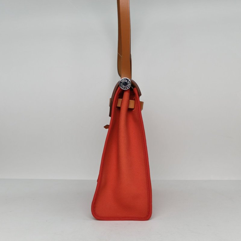 HERMES Herbag31S5番茄紅拼37金棕色帆布/Hunter牛皮A刻銀扣肩背包-3