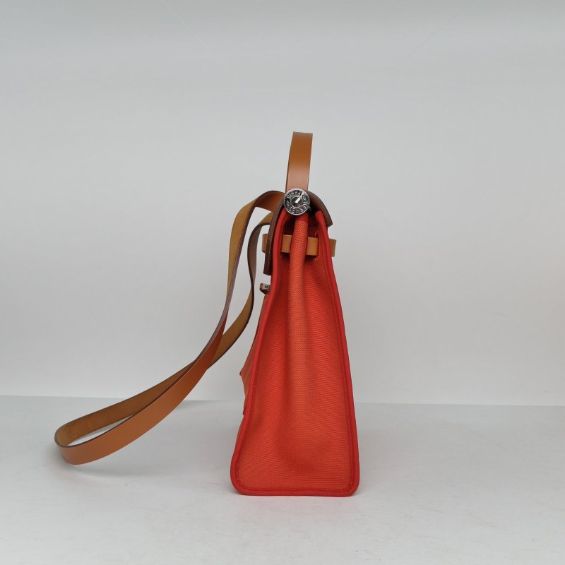 HERMES Herbag31S5番茄紅拼37金棕色帆布/Hunter牛皮A刻銀扣肩背包-4