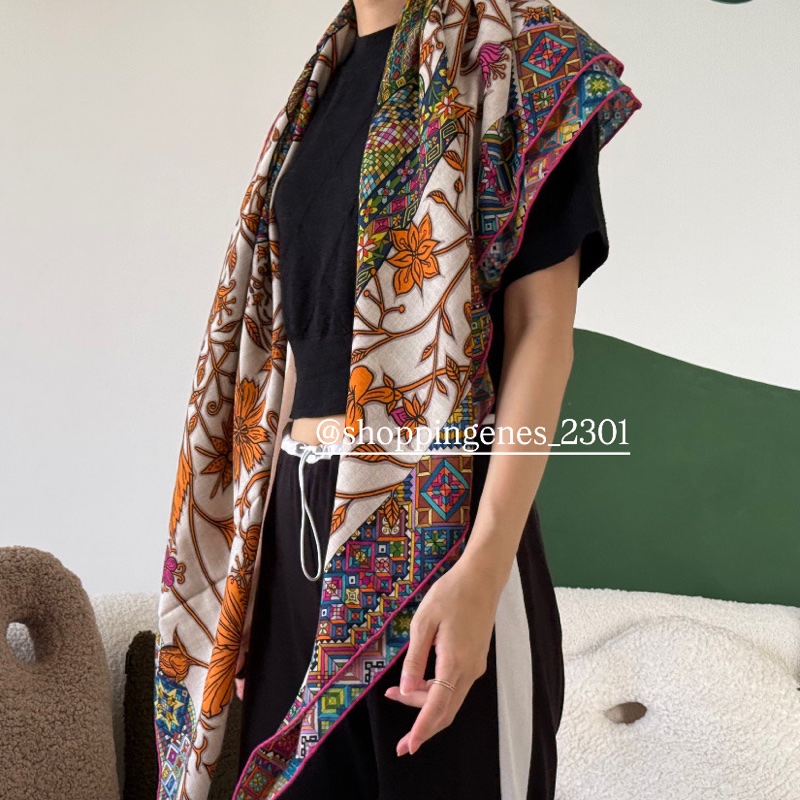 愛馬仕 Hermes 全新品 喀什米爾 140 大方巾 披肩 花豹與蜂鳥-3