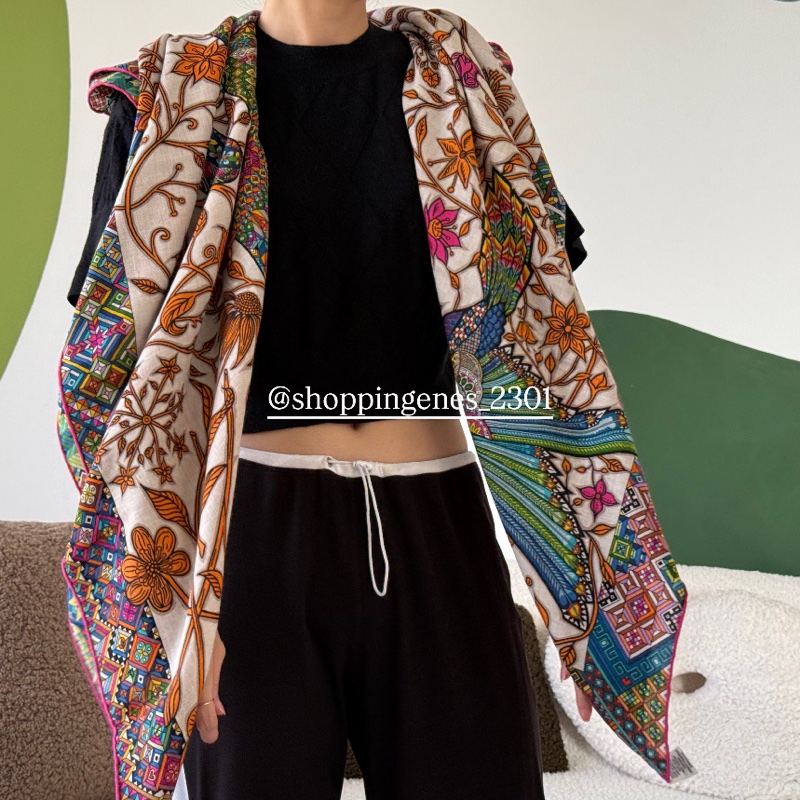 愛馬仕 Hermes 全新品 喀什米爾 140 大方巾 披肩 花豹與蜂鳥-5