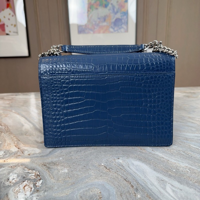 YSL Sunset 日落包 深藍銀扣鱷魚壓紋肩背包斜背包-1