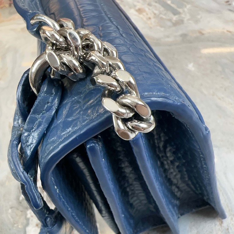 YSL Sunset 日落包 深藍銀扣鱷魚壓紋肩背包斜背包-5