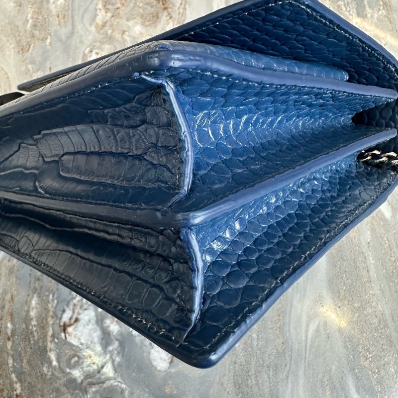 YSL Sunset 日落包 深藍銀扣鱷魚壓紋肩背包斜背包-8