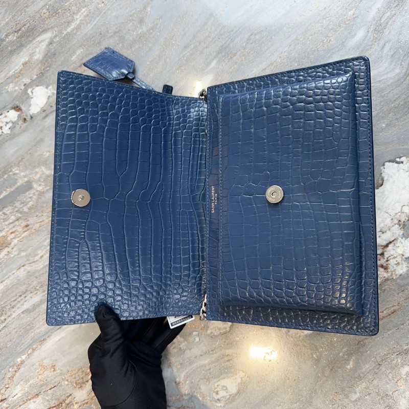 YSL Sunset 日落包 深藍銀扣鱷魚壓紋肩背包斜背包-13