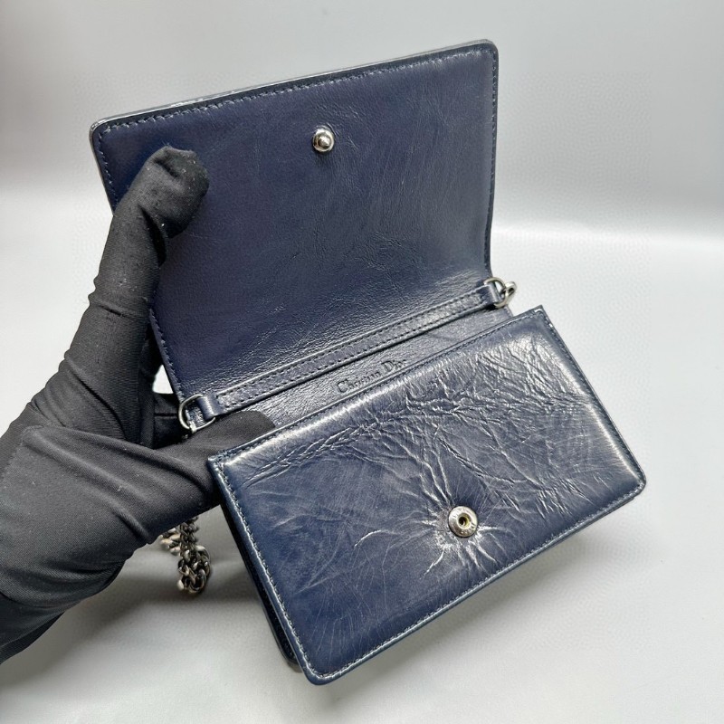 Dior mini盾牌包 深藍銀扣油蠟皮 斜背包-3