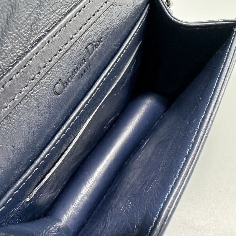 Dior mini盾牌包 深藍銀扣油蠟皮 斜背包-5