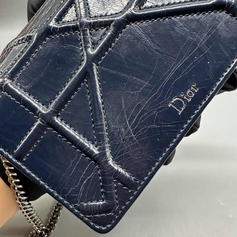 Dior mini盾牌包 深藍銀扣油蠟皮 斜背包-14