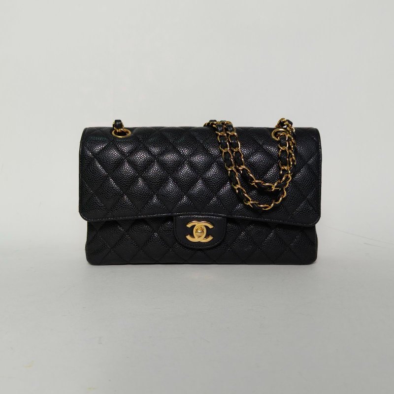 CHANEL CF口蓋包中號25.5黑色荔枝牛皮23開金扣肩背包-0