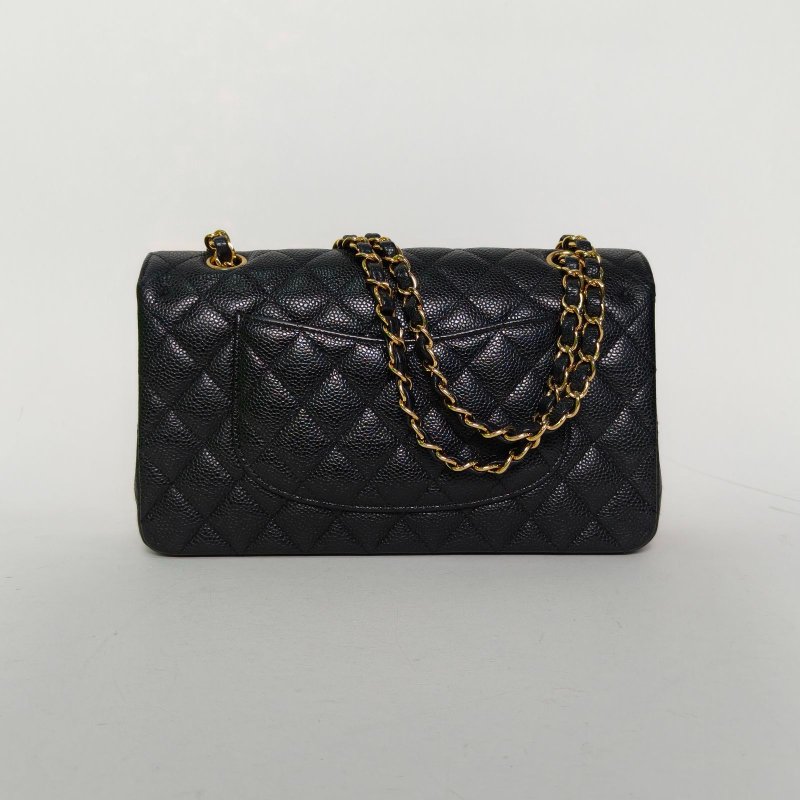 CHANEL CF口蓋包中號25.5黑色荔枝牛皮23開金扣肩背包-2