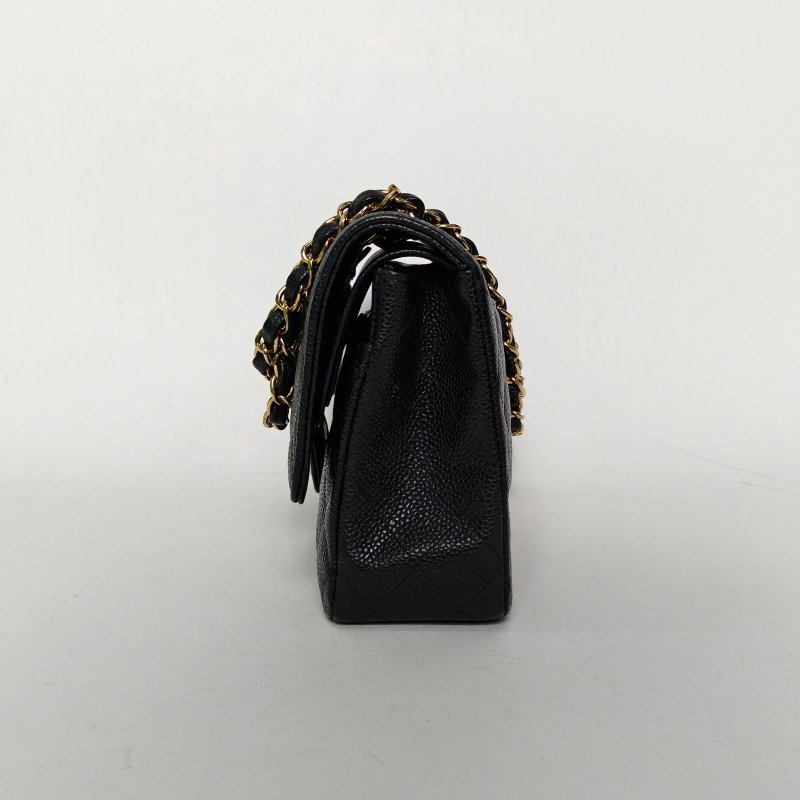 CHANEL CF口蓋包中號25.5黑色荔枝牛皮23開金扣肩背包-3