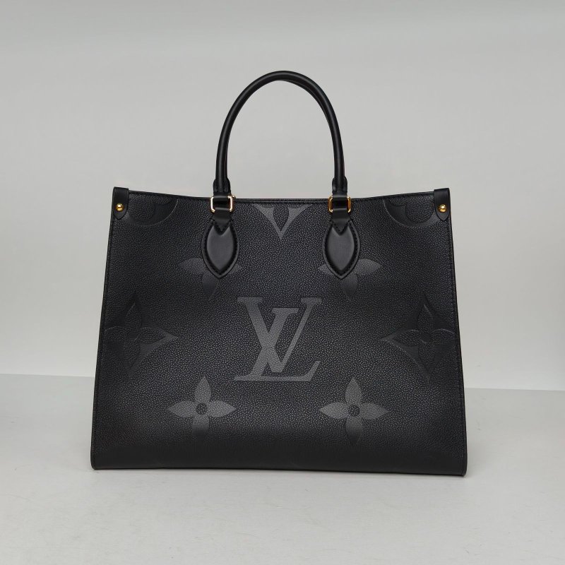LOUIS VUITTON Onthego中號35黑色牛皮晶片老花壓紋肩背包-0
