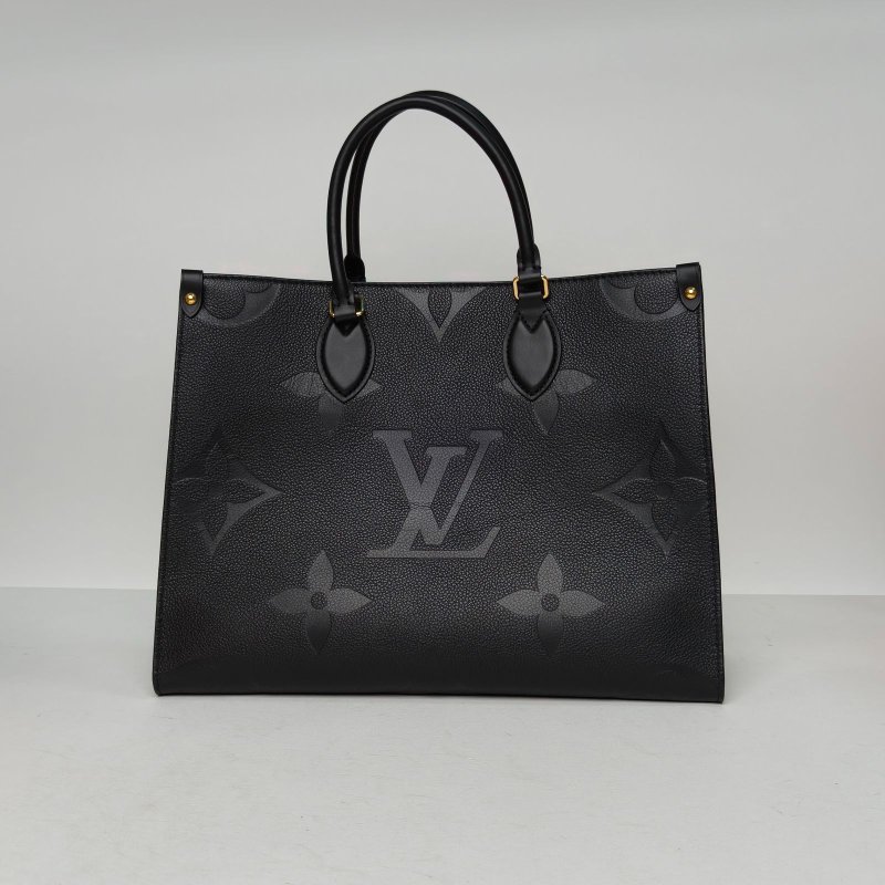 LOUIS VUITTON Onthego中號35黑色牛皮晶片老花壓紋肩背包-2