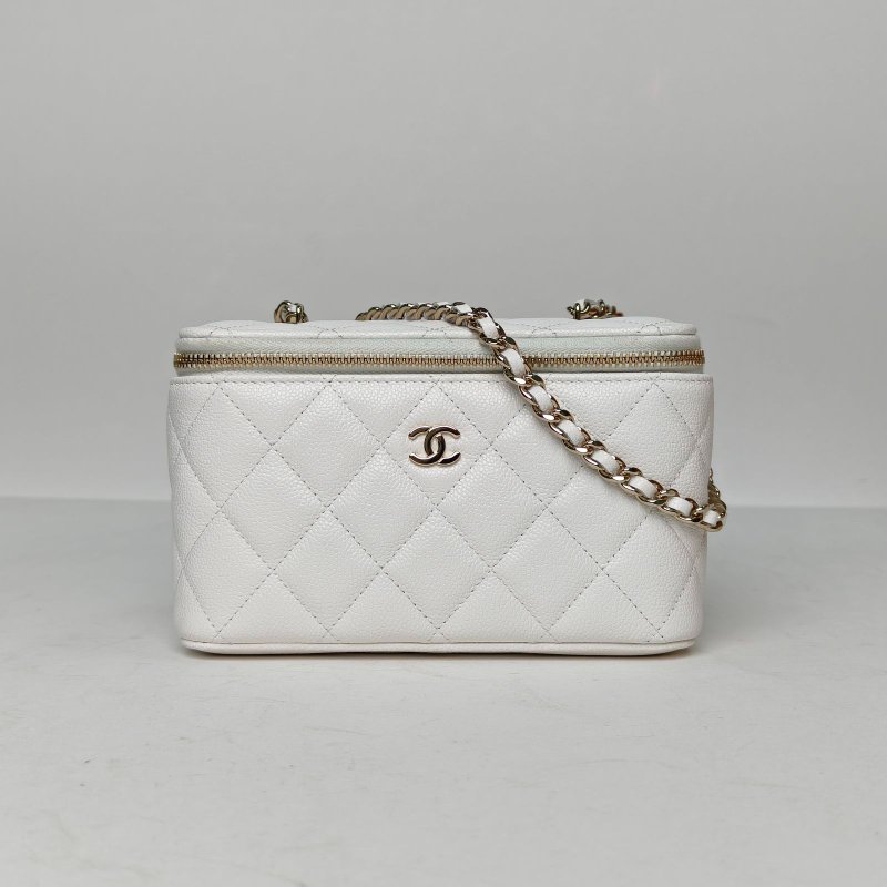 CHANEL 白色荔枝牛皮鐳射標淺金扣單皮穿鏈肩帶25S長盒子化妝包帶鏡子17肩背包-0