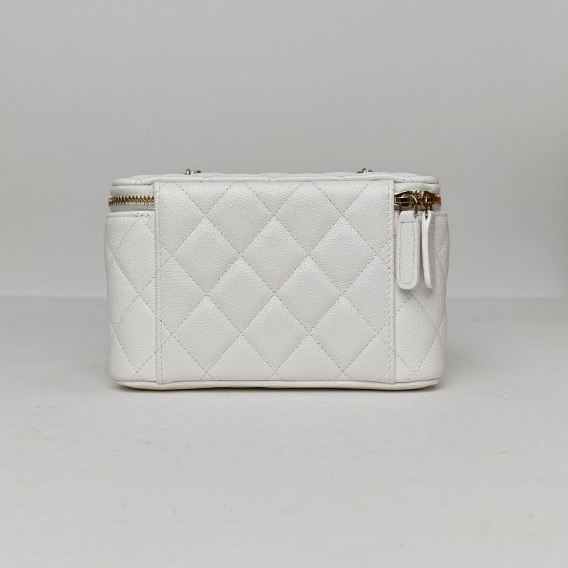 CHANEL 白色荔枝牛皮鐳射標淺金扣單皮穿鏈肩帶25S長盒子化妝包帶鏡子17肩背包-2