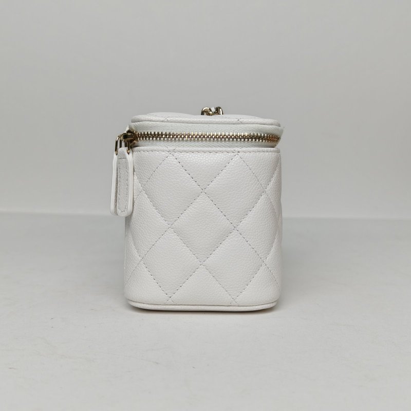 CHANEL 白色荔枝牛皮鐳射標淺金扣單皮穿鏈肩帶25S長盒子化妝包帶鏡子17肩背包-3