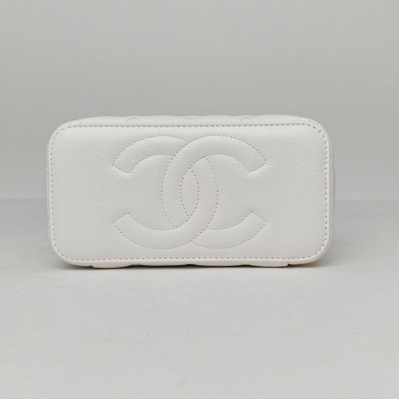 CHANEL 白色荔枝牛皮鐳射標淺金扣單皮穿鏈肩帶25S長盒子化妝包帶鏡子17肩背包-4