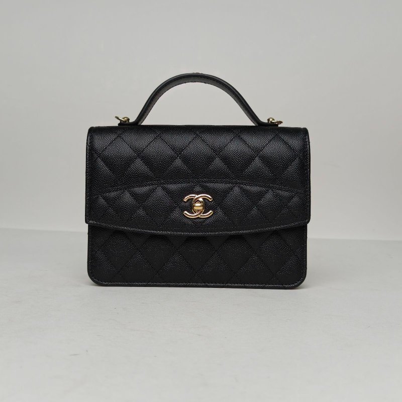 CHANEL 25C風琴雙肩包黑色荔枝牛皮鐳射標淺金扣菱格紋雙皮穿鏈肩帶字母LOGO皮手柄肩背包-0