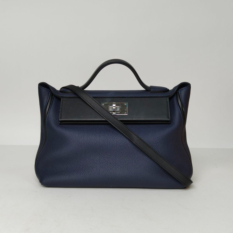 HERMES 24242989黑色拼2Z午夜藍Togo皮/Swift皮D刻銀扣肩背包-0