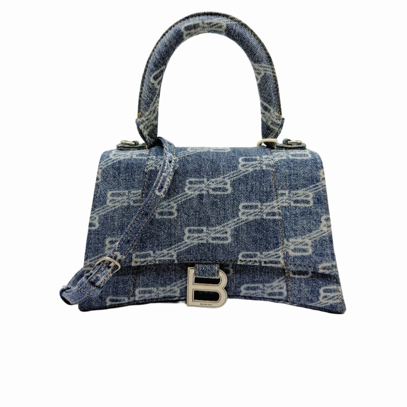 Balenciaga巴黎世家 hourglass BB Monogram 做舊銀色B標識金屬配件 聚酯纖維 單肩包斜挎包手提包 小號  藍色-0