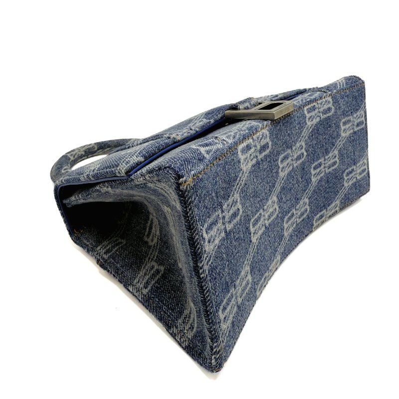 Balenciaga巴黎世家 hourglass BB Monogram 做舊銀色B標識金屬配件 聚酯纖維 單肩包斜挎包手提包 小號  藍色-6