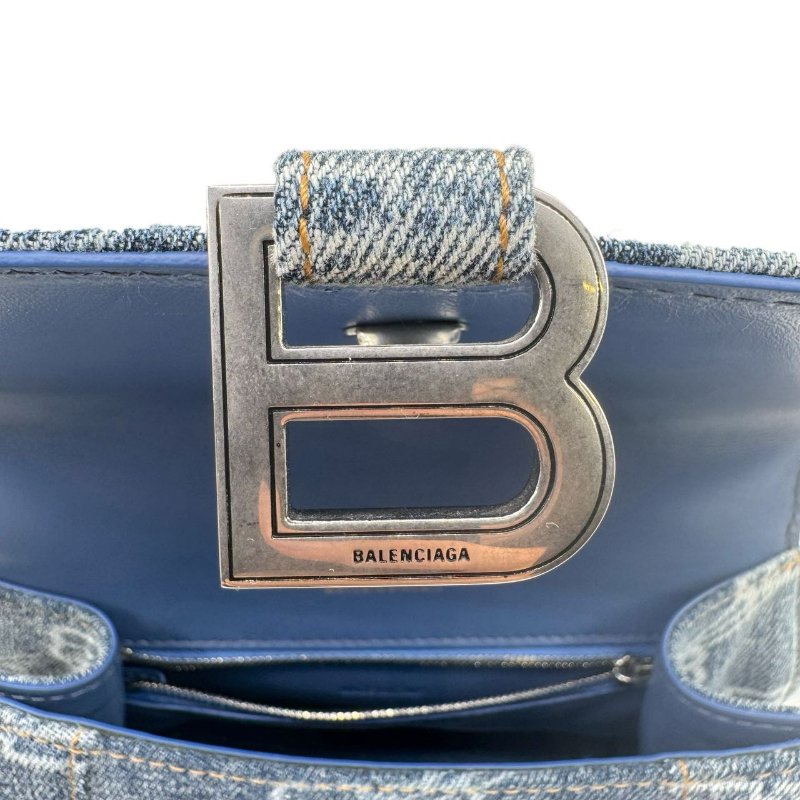 Balenciaga巴黎世家 hourglass BB Monogram 做舊銀色B標識金屬配件 聚酯纖維 單肩包斜挎包手提包 小號  藍色-12