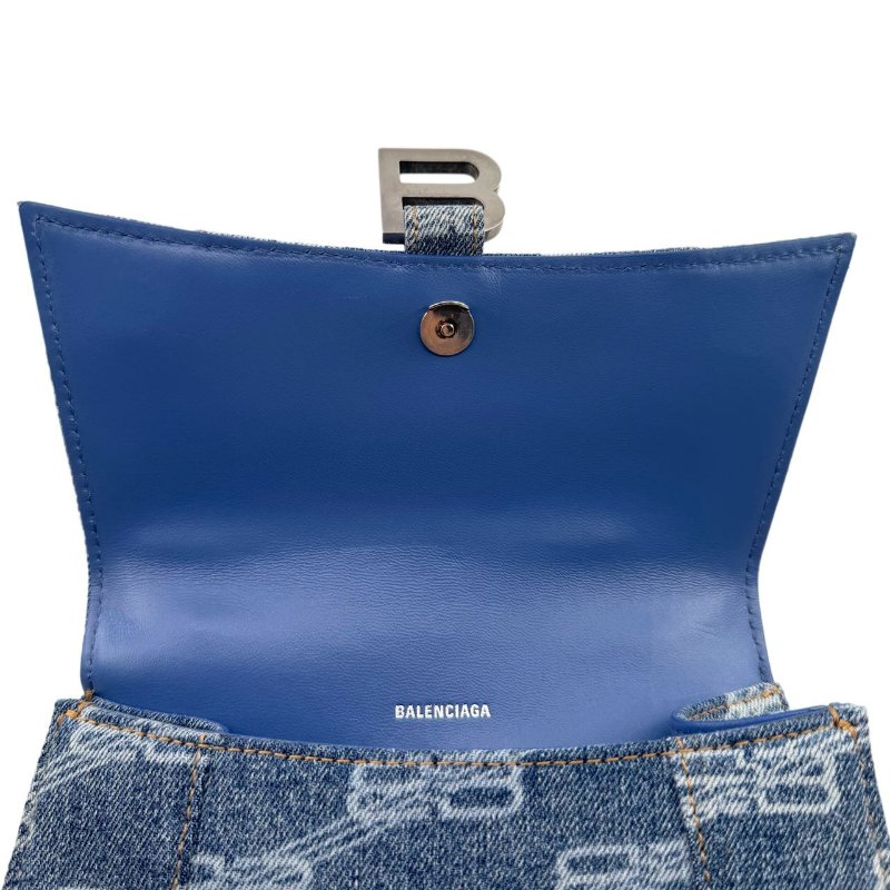 Balenciaga巴黎世家 hourglass BB Monogram 做舊銀色B標識金屬配件 聚酯纖維 單肩包斜挎包手提包 小號  藍色-13