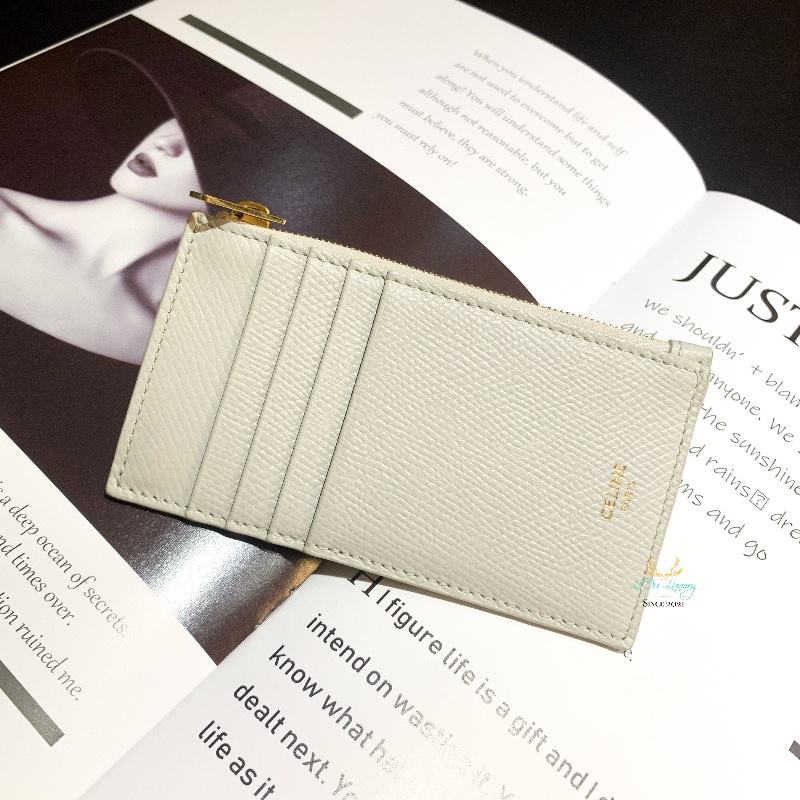 Celine 賽琳 米白色 全皮 扁式 拉鏈袋 零錢包 卡片包 卡包-0