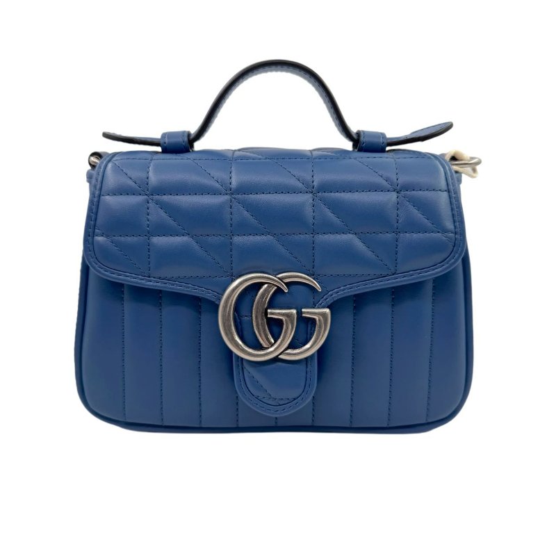 GUCCI古馳 Marmont 銀標Logo 竪條斜紋絎縫 皮革 單肩斜挎手提包 迷你 女款 藍色-0