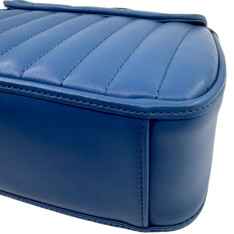 GUCCI古馳 Marmont 銀標Logo 竪條斜紋絎縫 皮革 單肩斜挎手提包 迷你 女款 藍色-11